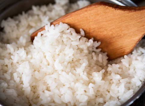 White Rice In A Metal Pan.