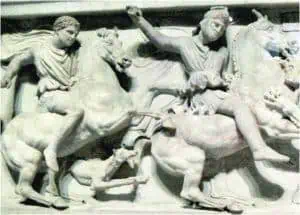 A Carving Depicting Alexander The Great And His Beloved Dog, Peritas, Dating From The 4Th Century, Still Stands At The Entrance To The Alexander Sarcophagus In The Istanbul Archaeology Museum.
