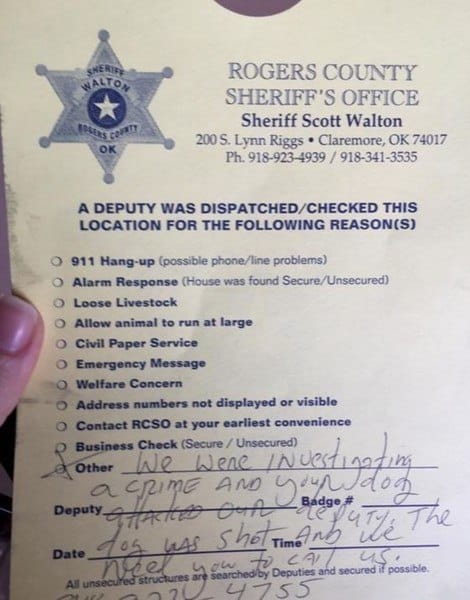 The Note Rogers County Police Left At The Laymon Home After Shooting The Family'S Dog On Their Front Porch. Image Via Angie Laymon.