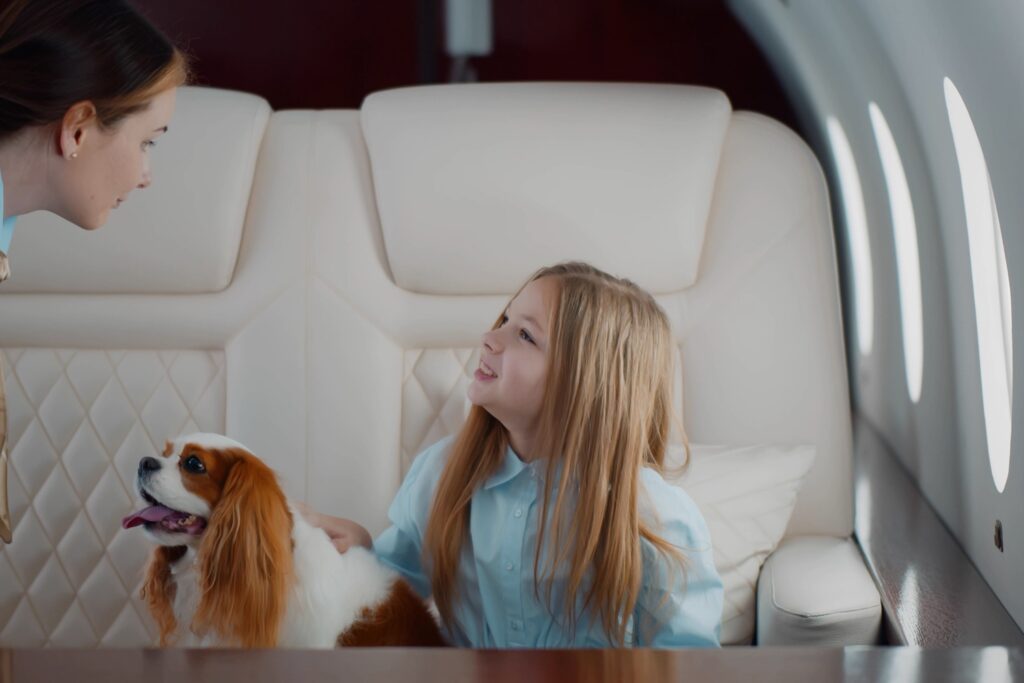 Little Girl And Her Pet Dog Getting In-Flight Services In A Charter Plane