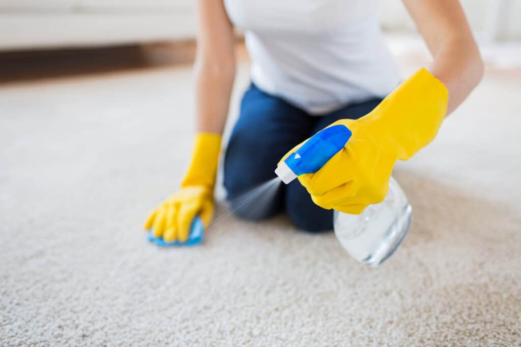 Woman Wearing Gloves Cleaning Her Carpet With Hydrogen Peroxide