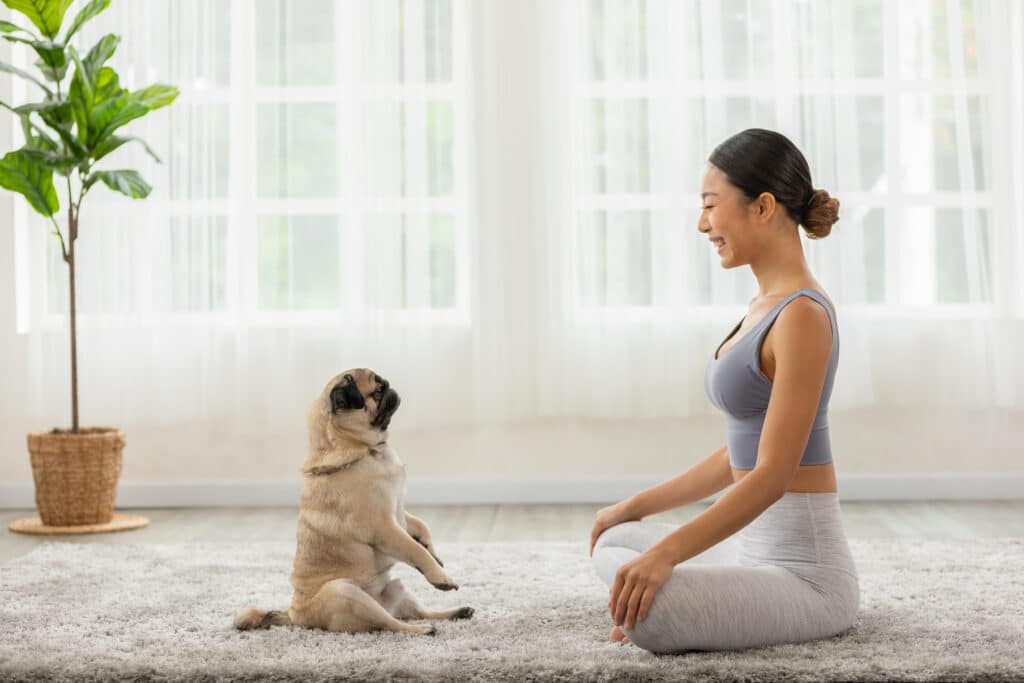 Woman And Her Dog Doing Dog Yoga Poses