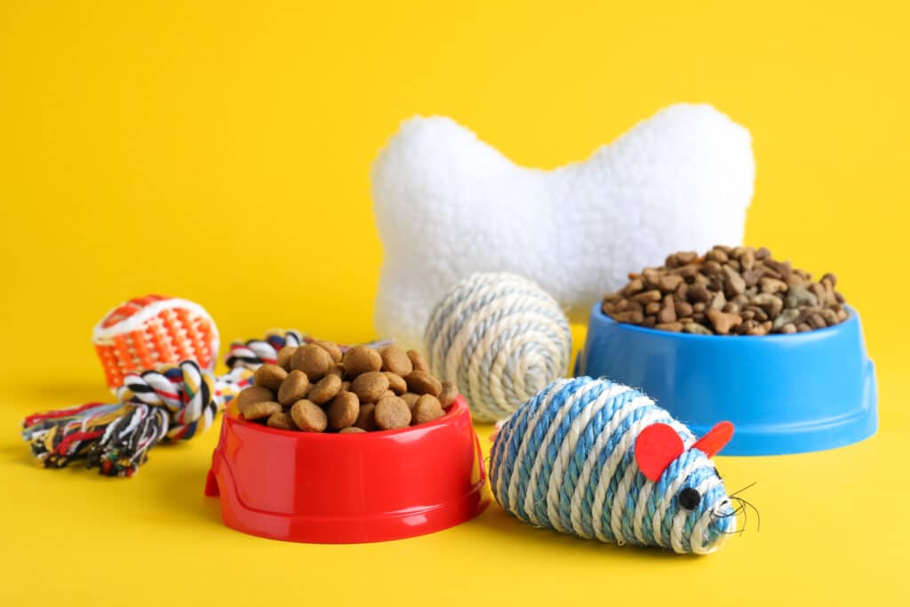 Feeding Bowls And Toys For Pet On Yellow Background