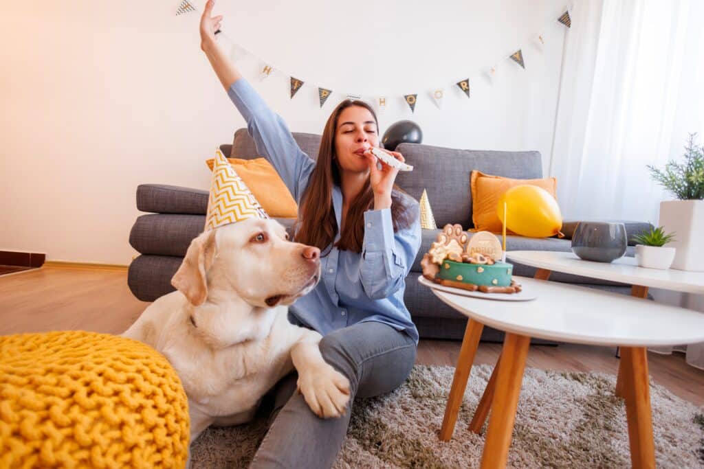 Woman Having Fun Celebrating Her Pet Labrador Dog'S Birthday At Home