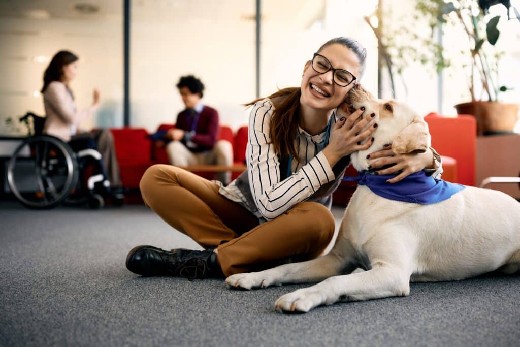 Woman Embracing Her Labrador Therapy Dog And Having Fun In The Office