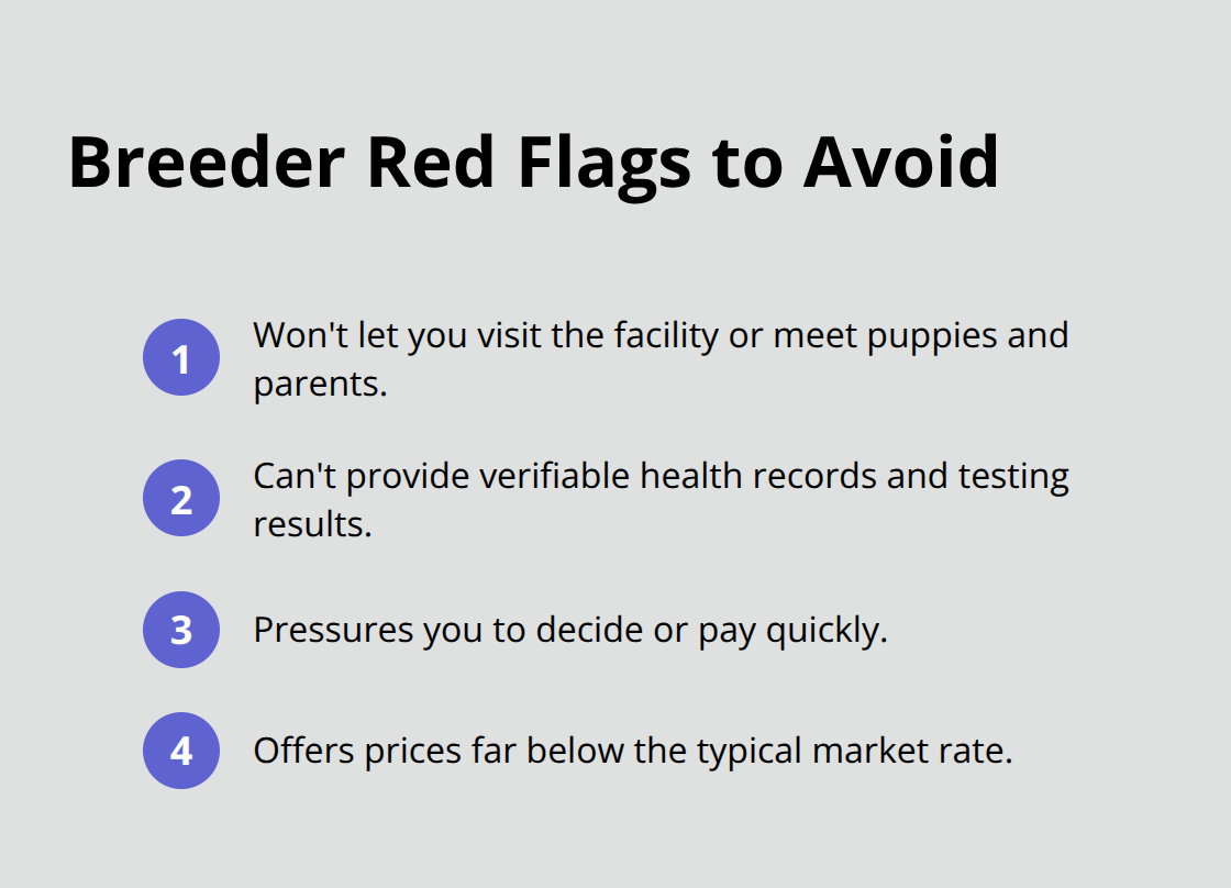 Compact list of key warning signs when evaluating Alaskan Husky breeders.