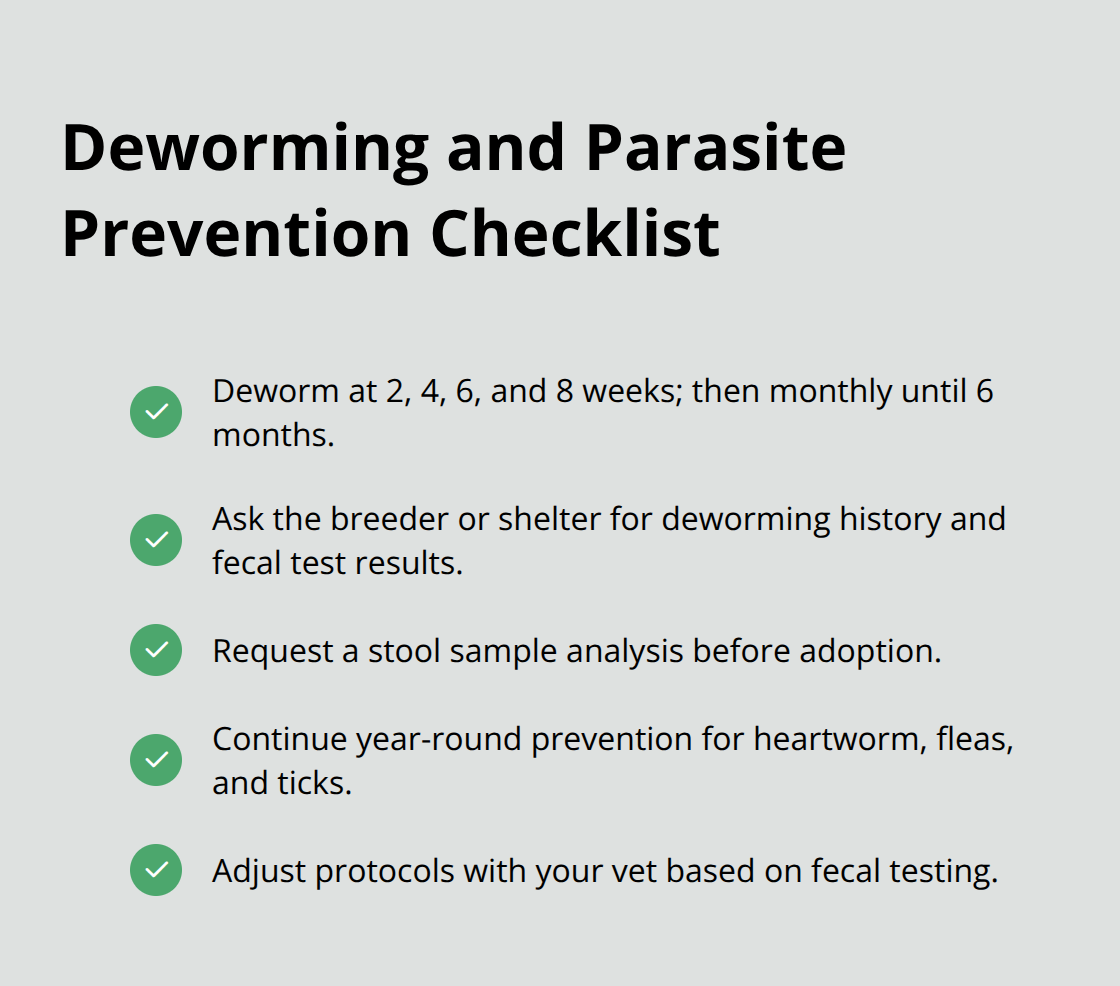 Checklist of deworming schedule and parasite prevention steps for puppies.