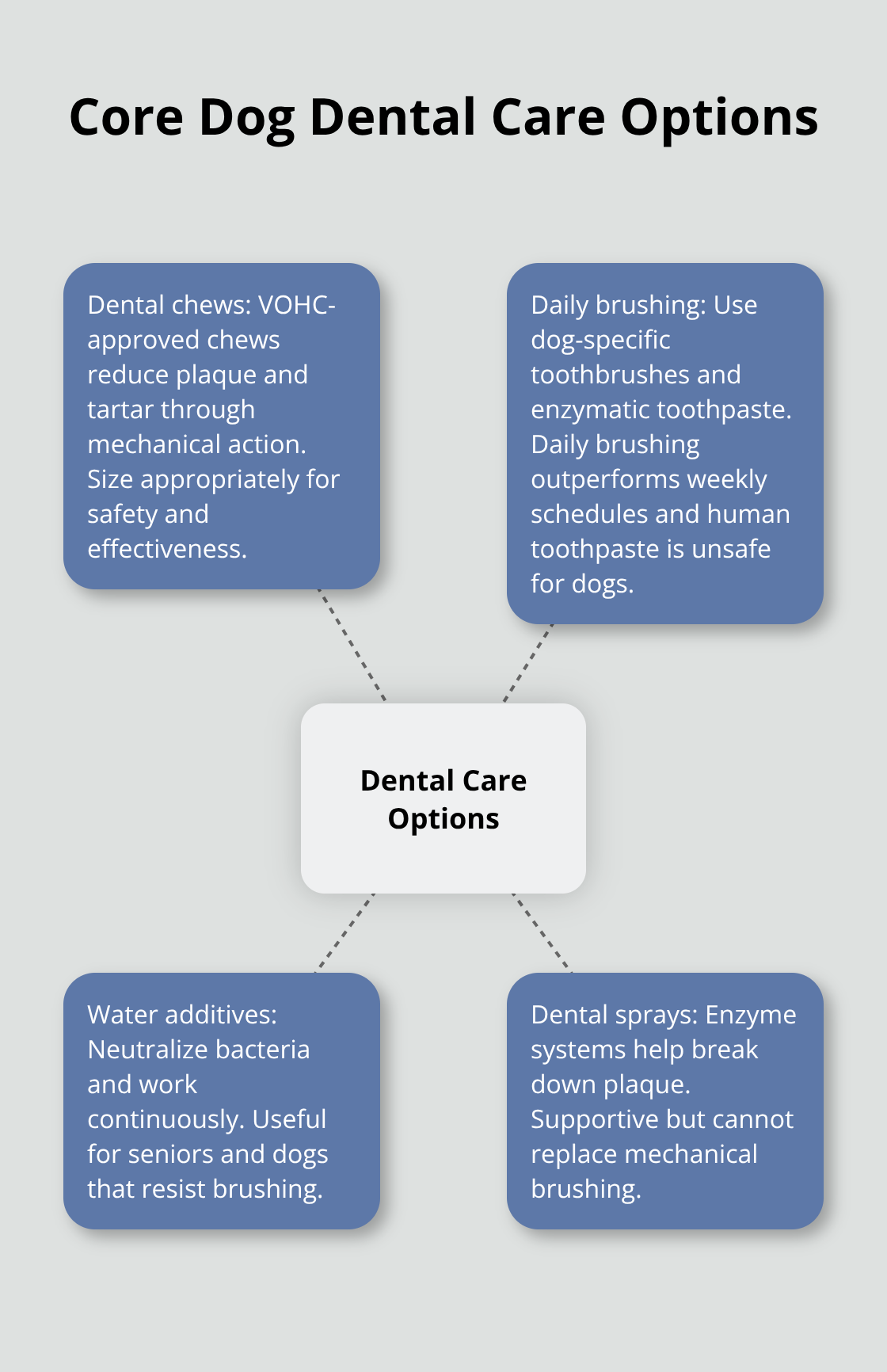 Hub-and-spoke showing key dog dental care options and how they help - dog dental care product