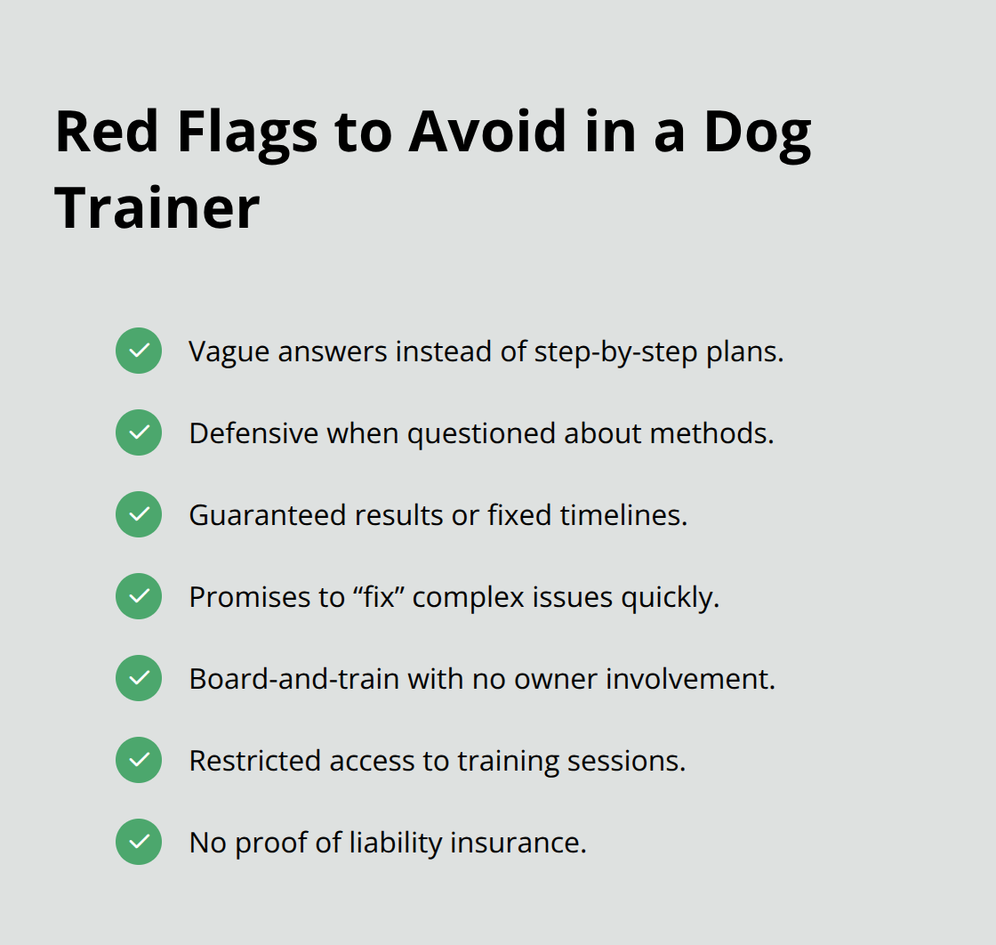 Checkmark list highlighting common red flags when evaluating dog trainers. - how to choose a dog trainer