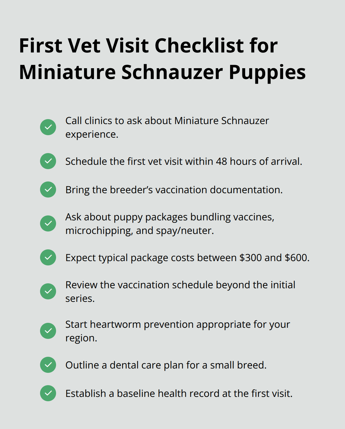 Checklist of actions and conversations to have with your veterinarian in the first days after adoption. - miniature schnauzer puppy adoption
