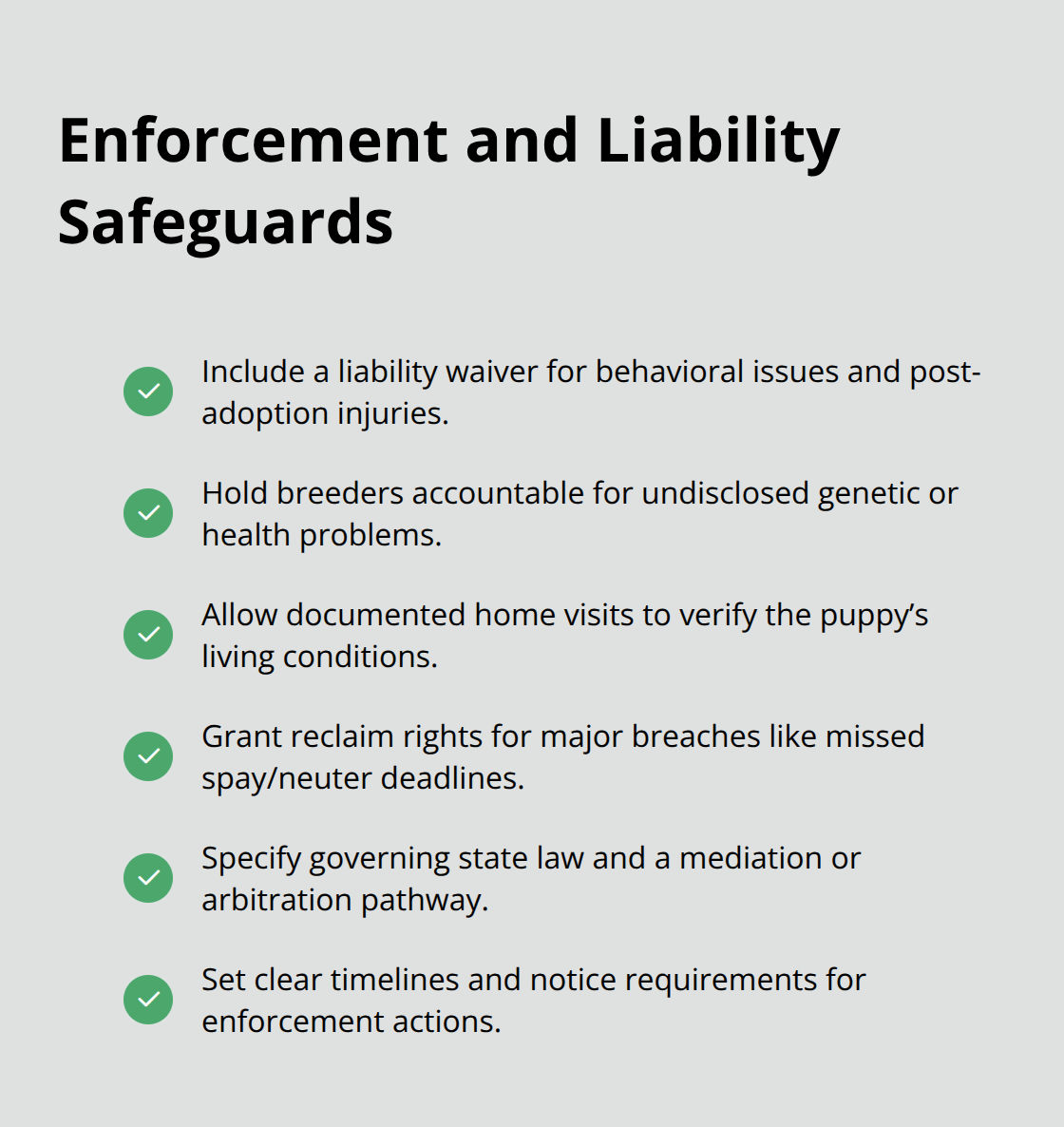 Checklist of enforcement and liability terms to include in a puppy adoption contract - puppy adoption contract template